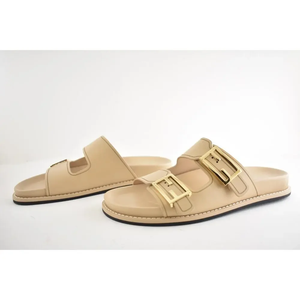 Fendi Feel Dual Strap Beige Leather Gold Logo Buckle Mule Flat Sandal Slide 39.5